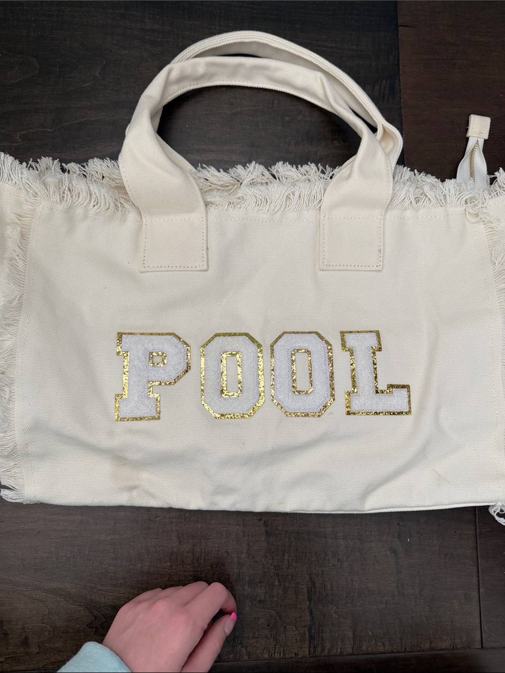 Canvas Tote Bag with Gold-Trim 'POOL' Appliqué - Cream